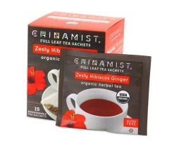 China Mist - Zesty Hibiscus Ginger Organic Black Full Leaf Tea Sachet, 2 Boxes 15 Count Each - Biodegradable And Individually Wrapped -Coffee Beverage Shop zestyhibiscusginger teasachets box 730x616 1